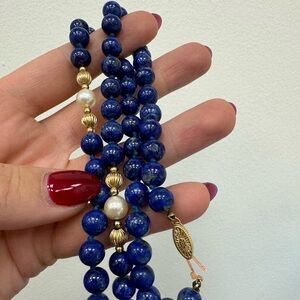 14K yellow gold, Lapis Lazuli and pearls necklace